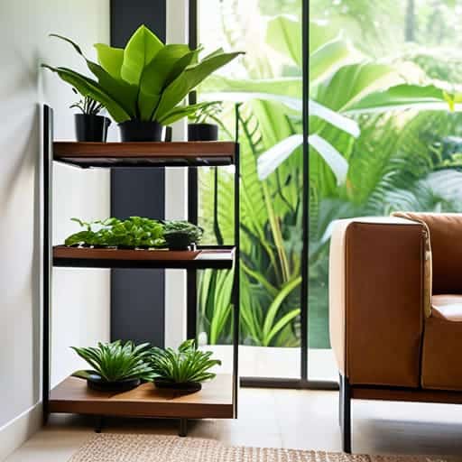 Dynamic air-purifying plant racks in living space.